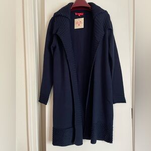 M: Italian Wool Knit Cardigan Sweater Midi/Long Length Navy Blue NWT!